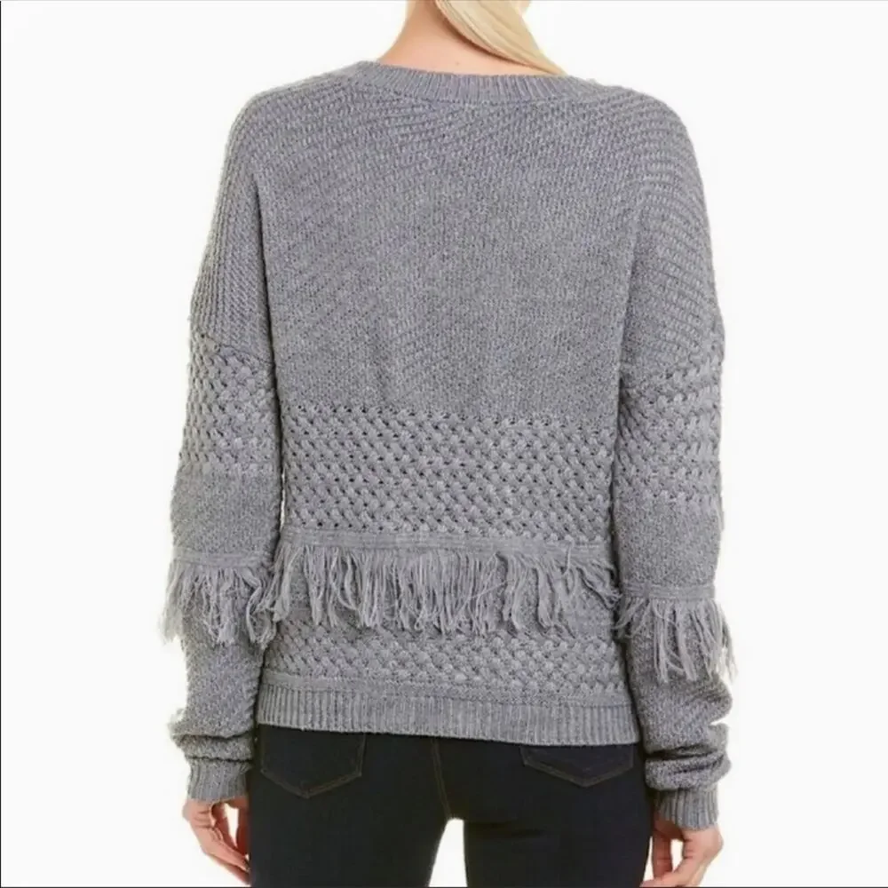 BB Dakota Women's Grey Candace Sweater with Hip and Forearm Fringe Detail sz S